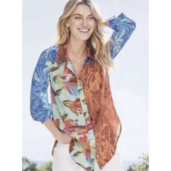 SOFT SURROUNDINGS Womens Small Top Tunic Floral Blouse Boho Long Sleeves Button - Picture 4 of 14